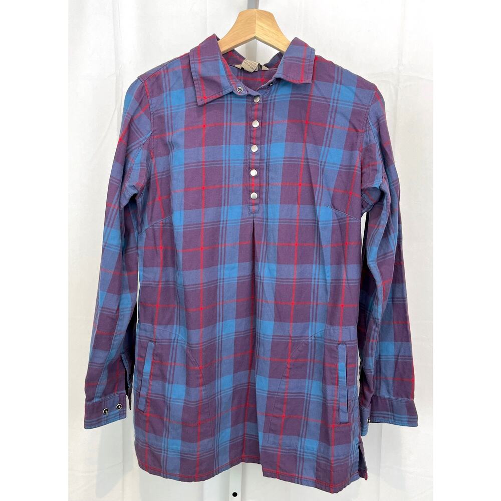 DULUTH TRADING Size S Plaid Popover Snap Tunic Top Long Sleeve Shirt Purple Blue